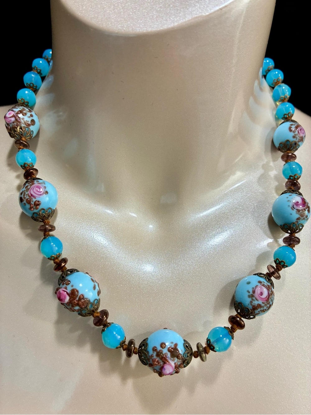 VTG BL Venetian Wedding Cake Glass Beaded Necklace w/Roses and Copper Accents
